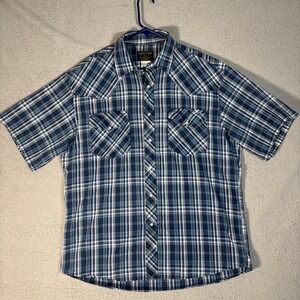Rustler by Wrangler Mens Large Blue Plaid Short Sleeve Western Pearl Snap Shirt